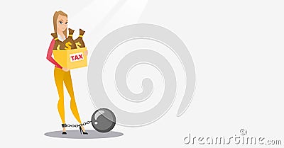 Chained woman with bags full of taxes. Vector Illustration