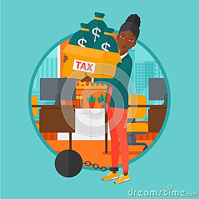 Chained woman with bags full of taxes. Vector Illustration