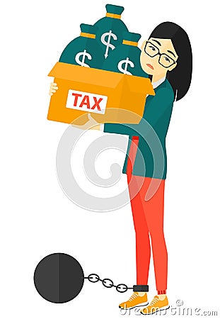 Chained woman with bags full of taxes. Vector Illustration