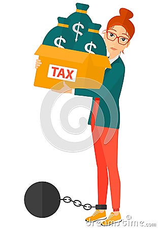 Chained woman with bags full of taxes Vector Illustration