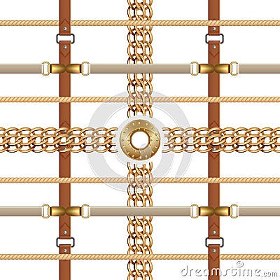 Chains and belts seamless pattern. Baroque ornament with braids and golden furniture. Vector buckles and embroidery Vector Illustration