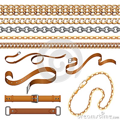 Chains and braids. Bracelets leather belts and golden furniture elements, ornamental jewellery set. Vector fabric and Vector Illustration