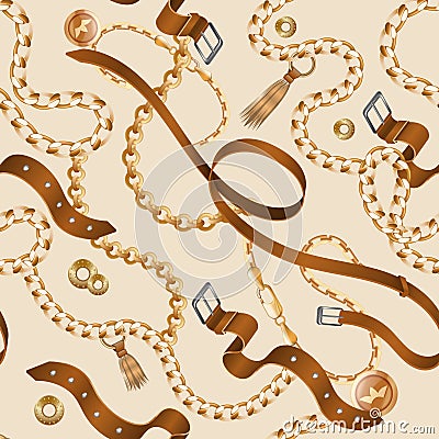 Chains and braids pattern. Seamless ornamental wallpaper, realistic leather belt and golden furniture. Vector bracelets Vector Illustration