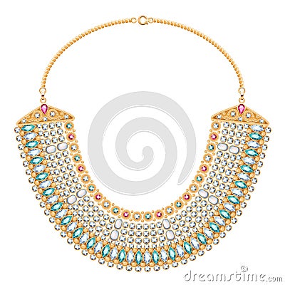 Chains and gemstones golden metallic necklace Vector Illustration