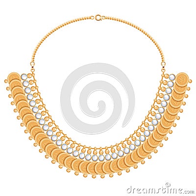 Chains and gemstones golden metallic necklace with Vector Illustration