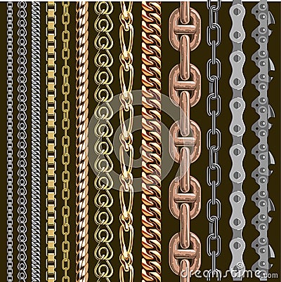 Chains link elements vector seamless metal chain-parts set isolated on background. Gold and silver metal chains link Vector Illustration