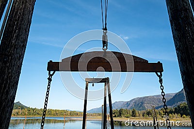 Chains and pulleys on the ramp to the boat launch in Beacon Rock State Park, Washington, USA Stock Photo