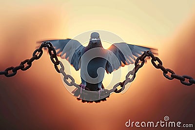 Chains undone Pigeon shadow escapes, symbolizing freedom in the morning light Stock Photo