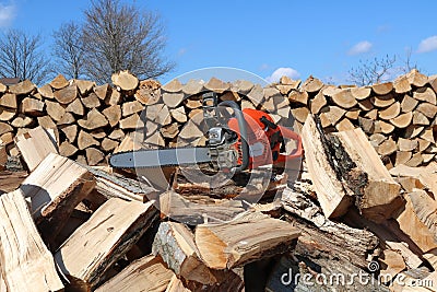Chainsaw on top of wood pile on a sunny day Stock Photo