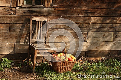 Chair and basketful of apples Stock Photo