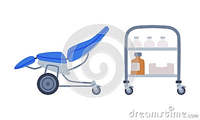 Chair and Cabinet with Medicines as Medical Equipment and Assistance Device Vector Set Stock Photo