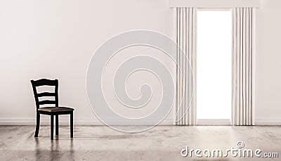 A chair on concrete polished floor with white wall and isolated window, 3d rendered Stock Photo