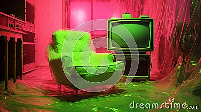 Plastic Neonpunk: Surrealistic Room With Chair And Tv Stock Photo