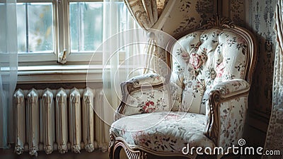 A chair in front of a window with floral patterned fabric, AI Stock Photo