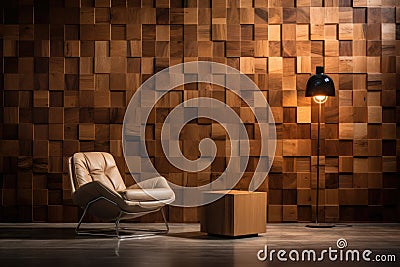 Chair in Front of Wooden Wall, Simple and Rustic Decor, Wallpapered, wood-paneled walls with a natural wood finish, Wallcovering Stock Photo