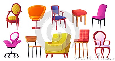Chair furniture. Front and side view of office and home seats. Colorful modern and vintage armchairs, empty contemporary Vector Illustration