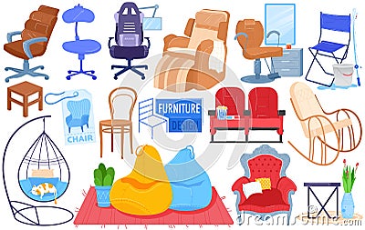 Chair furniture for modern room interior vector illustration set, cartoon flat house furnishing collection of armchairs Vector Illustration