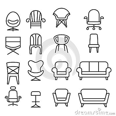 Chair icon set in thin line style Vector Illustration