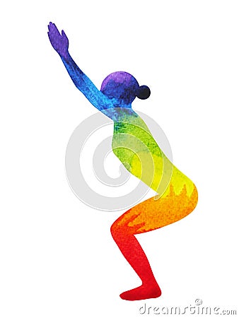 Chair pose yoga, 7 color chakra watercolor painting hand drawn Cartoon Illustration