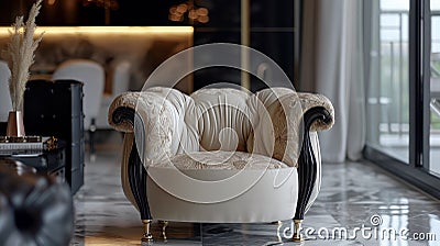 A chair sitting in a room with black and white decor, AI Stock Photo