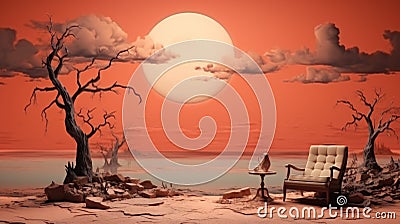 A chair sitting on top of a beach next to a tree. AI. Stock Photo