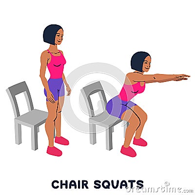 Chair squats. Squat. Sport exersice. Silhouettes of woman doing exercise. Workout, training Cartoon Illustration