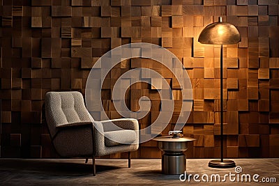 Chair and Table in a Room, A Functional and Minimalist Setup, Wallpapered, wood-paneled walls with a natural wood finish, Stock Photo