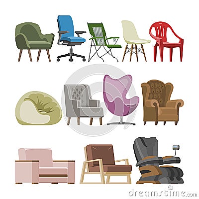 Chair vector comfortable furniture armchair and seat pouf design in furnished apartment interior illustration set of Vector Illustration