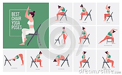 Chair Yoga poses . Young woman practicing Yoga pose. Stock Photo