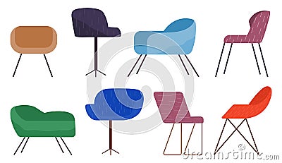 Chairs collection, comfortable seat, armchairs, cozy furniture for home or office, place for relax Vector Illustration