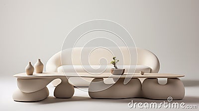 Organic White Cube Vase And Coffee Table: Minimalist Textiles And Elongated Shapes Stock Photo