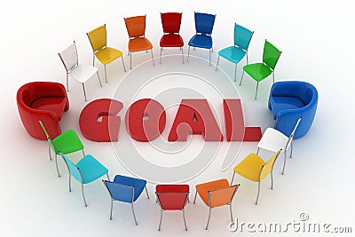 Chairs stand around the word goal Cartoon Illustration