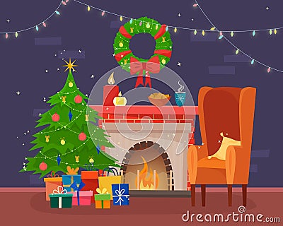 Chairs and table with cus of tea or coffee, cookies and pillow. Christmas fireplace with gifts, socks and candles. Vector Illustration