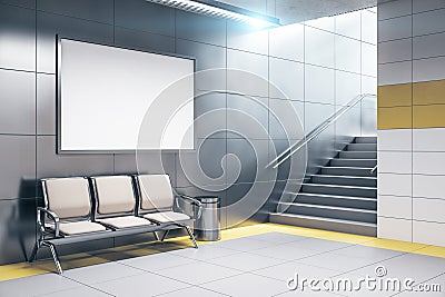 Chairs for waiting in modern metro station with blank banner Stock Photo