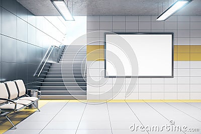 Chairs for waiting in modern metro station with blank poster Stock Photo