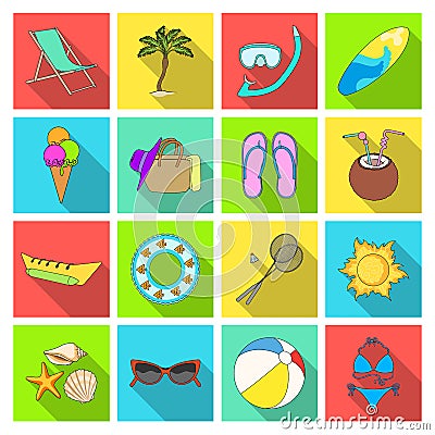 Chaise longue, ice cream, glasses items for summer holidays.Summer rest set collection icons in flat style vector symbol Vector Illustration