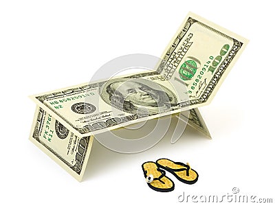 Chaise longue made of money and beach shoes Stock Photo