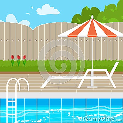 Chaise Lounge with Parasol umbrella near the Swimming pool. Vector Illustration