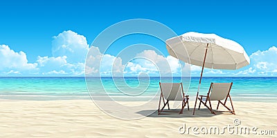 Chaise lounge and umbrella on sand beach. Stock Photo