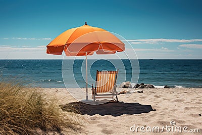 Chaise lounges on the beach with an orange umbrella, Sommer, Sonne, Strand und Meer im Urlaub, AI Generated Stock Photo