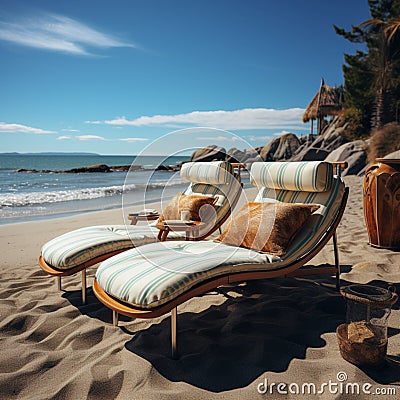 Chaise lounges on beach view Stock Photo