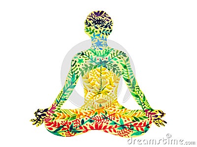 7 chakra color lotus pose yoga, flower floral pattern watercolor painting Cartoon Illustration