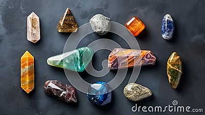 Chakra gemstones crystals and nature magic things. Witchcraft Ritual, energy healing minerals. flat lay. Multi-colored crystals on Stock Photo