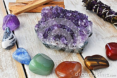 Chakra Healing Crystals and Amethyst Geode Stock Photo