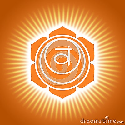 Chakra swadhisthana. Orange shining yoga symbol. Om sign. Sacral icon Stock Photo