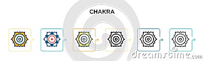 Chakra vector icon in 6 different modern styles. Black, two colored chakra icons designed in filled, outline, line and stroke Vector Illustration