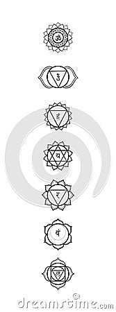 Chakras icons black and white. Vector line art set with sanskrit symbols Vector Illustration
