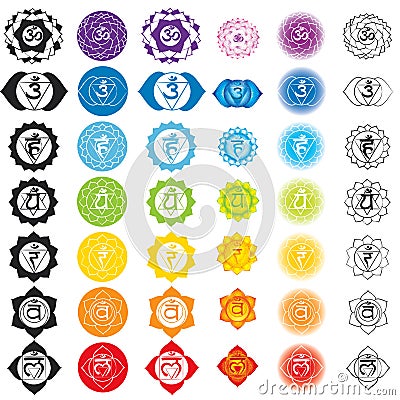 Chakras icons . Concept of chakras used in Hinduism, Buddhism and Ayurveda. For design, associated with yoga and India. Vector Illustration