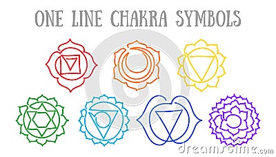 Chakras: muladhara, swadhisthana, manipura, anahata, vishuddha, ajna, sahasrara. Vector line symbol. Om sign. Sacral icon. Vector Illustration