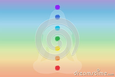 Chakras: muladhara, swadhisthana, manipura, anahata, vishuddha, ajna, sahasrara. Vector line symbol. Om sign. Silhouette of a girl Vector Illustration